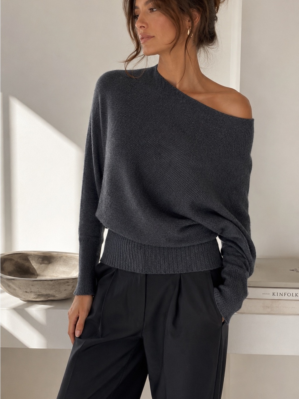 Theory Cashmere Draped Dolman Off Shoulder Boatneck Sweater Charcoal Gray S/P